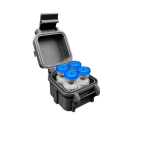 Vaccine vials with blue caps inside a protective case for medical storage and transportation.