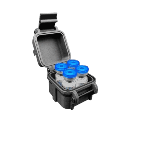 Vaccine vials with blue caps inside a protective case for medical storage and transportation.