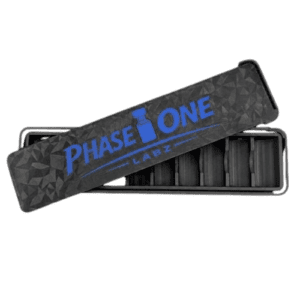 Custom black vape cartridge storage case with blue Phase One Labz logo.