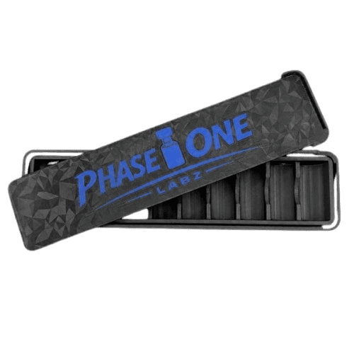 Custom black vape cartridge storage case with blue Phase One Labz logo.