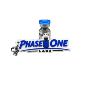 Custom vape juice bottle with Phase One Labz branding and keychain accessory.