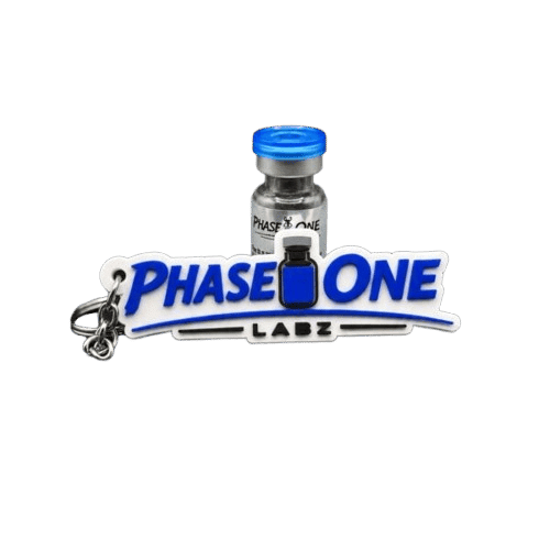 Custom vape juice bottle with Phase One Labz branding and keychain accessory.